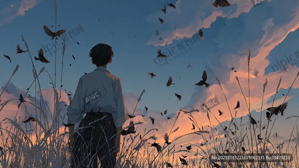 少年立于蝶舞暮色中