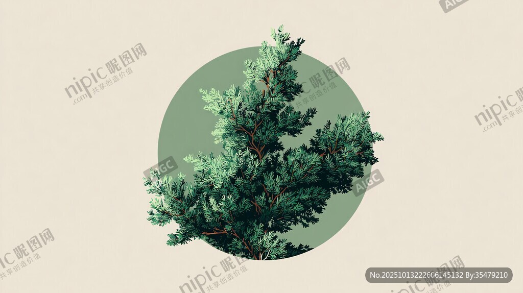 圓形框中的翠綠松樹