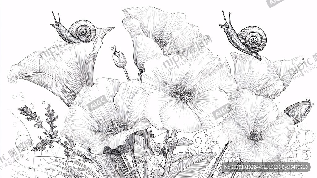黑白花卉與蝸牛精致插畫(huà)