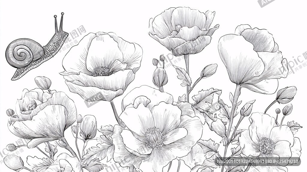 蝸牛與花卉的黑白線稿圖