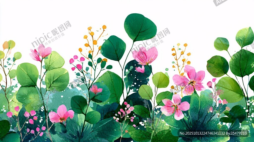 清新水彩風花卉綠植景觀