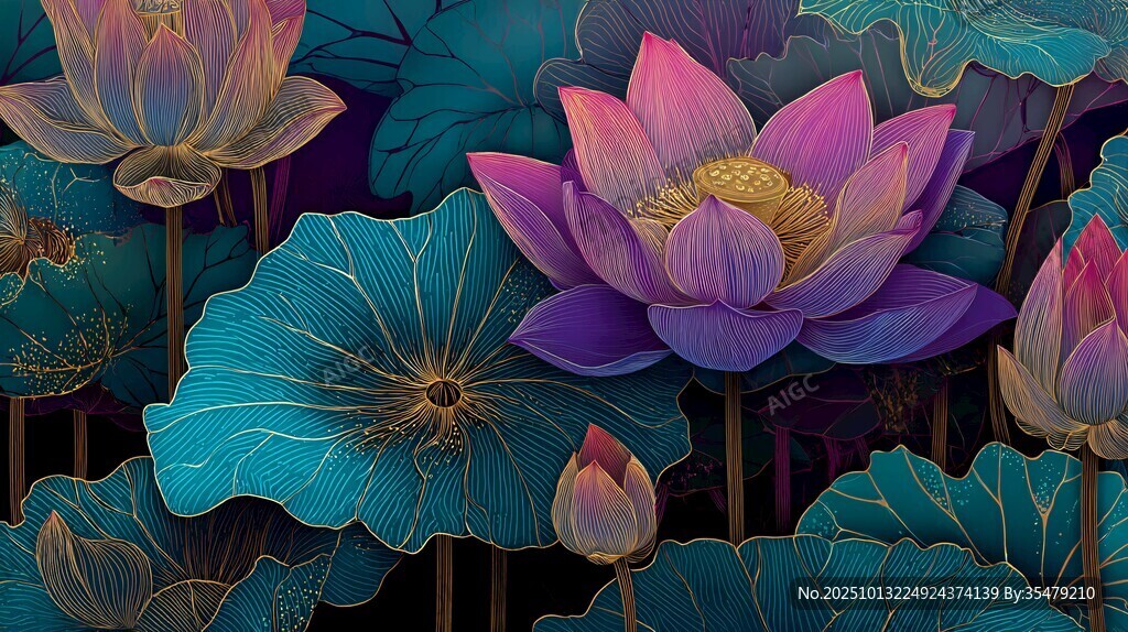 夢幻絢麗的綻放荷花圖景