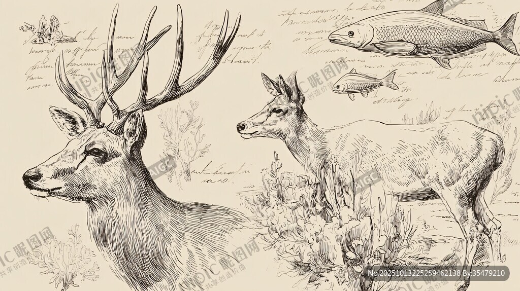 鹿與魚的自然素描圖景