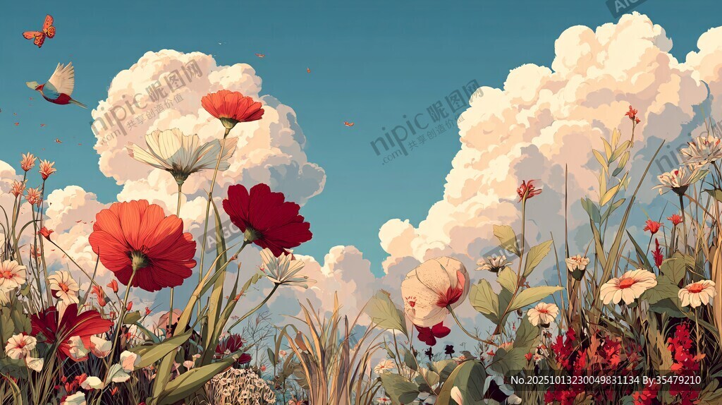 花海間白云下的夢(mèng)幻景致