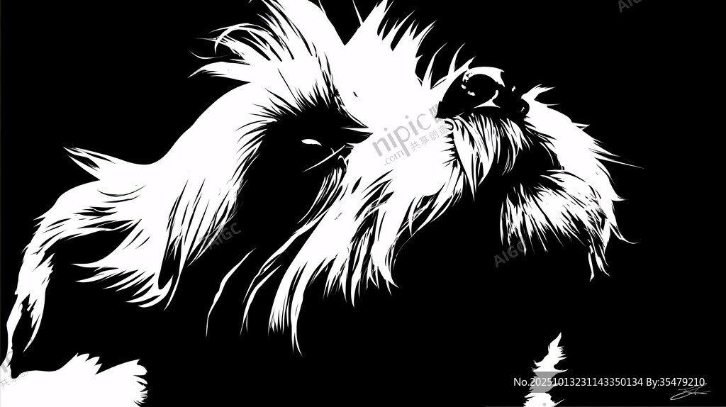 黑白長(zhǎng)毛犬頭像剪影