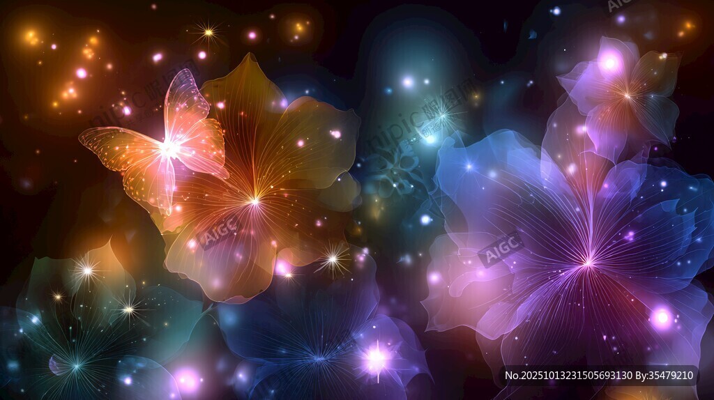 夢幻炫彩蝴蝶花朵星空圖