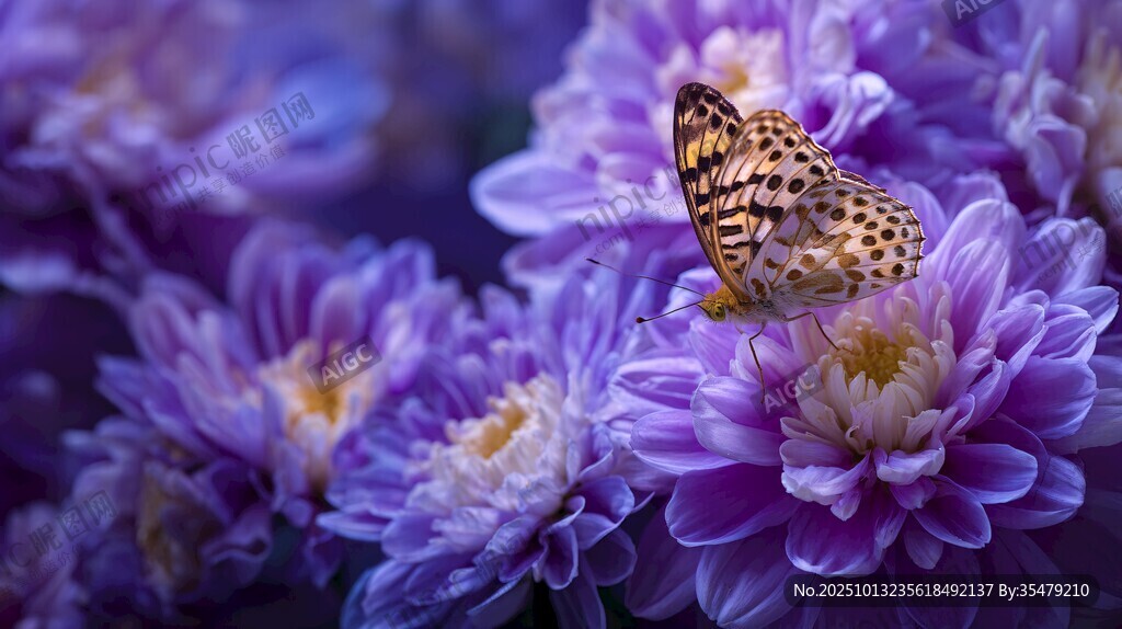 蝴蝶棲于紫菊之上