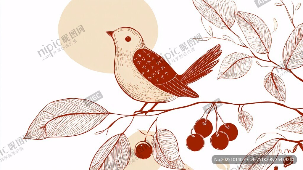 枝頭小鳥與紅果插畫