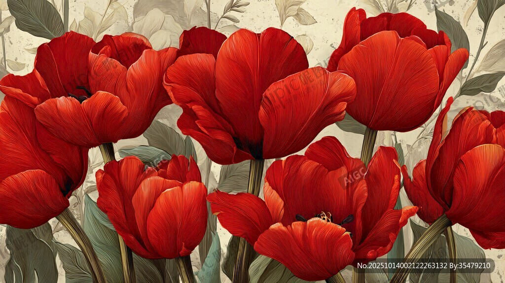 艷麗紅郁金香花卉圖案