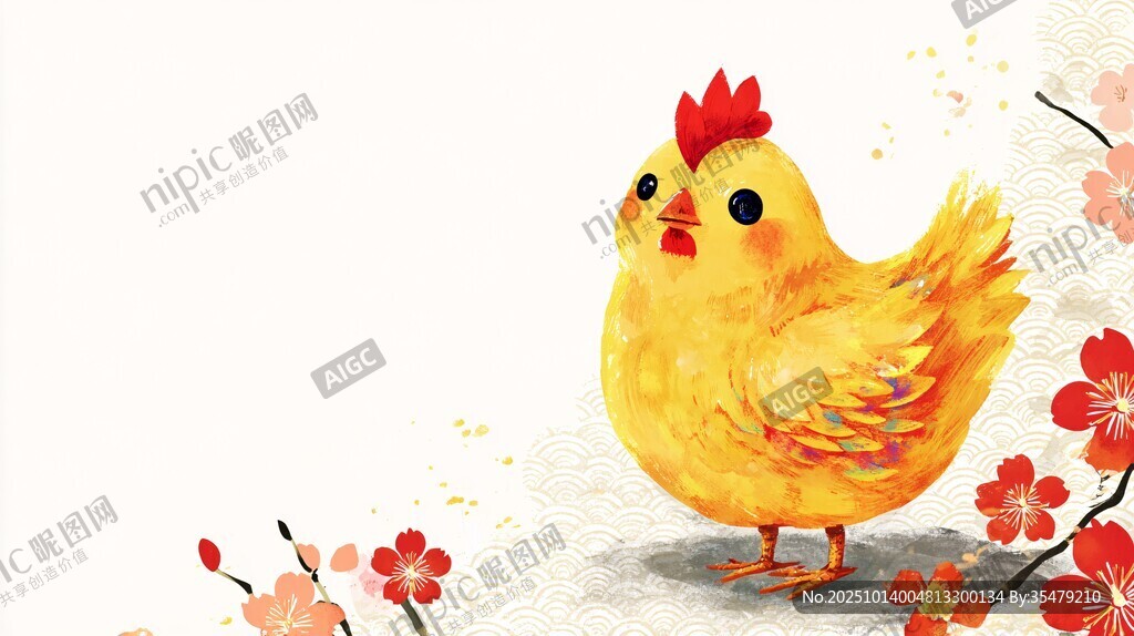 可愛小黃雞與綻放花朵