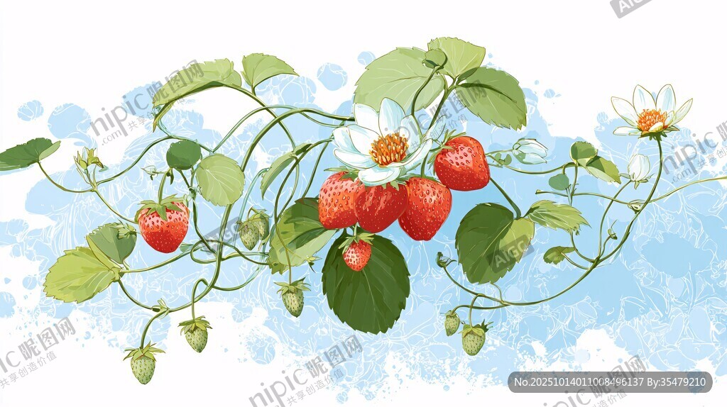 草莓藤蔓與花朵清新插畫