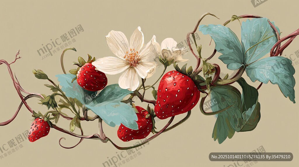 草莓花卉藤蔓精致插畫(huà)