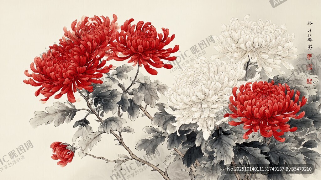 國(guó)畫菊花圖 紅白相映成趣