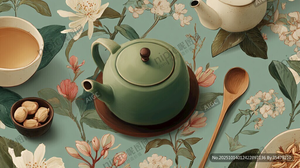 青綠色茶壺茶具花卉靜物圖