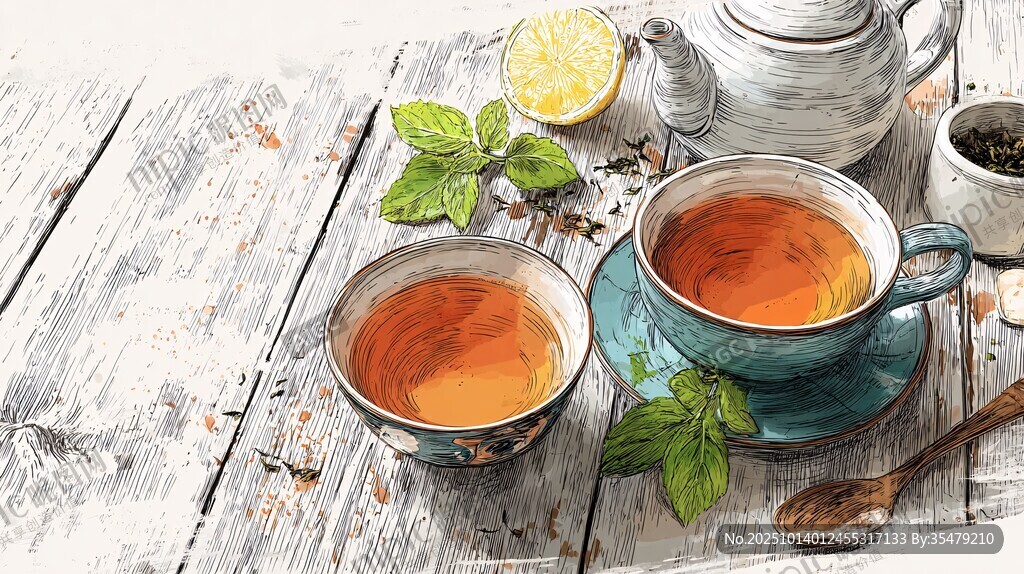 兩杯熱茶與清新茶具組合