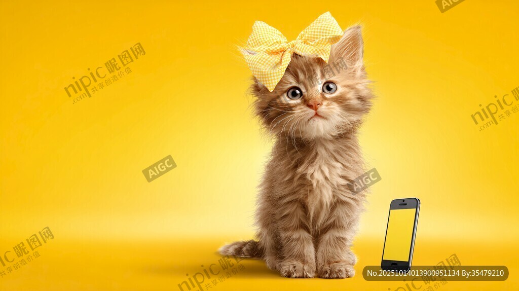 戴蝴蝶結(jié)小貓與手機