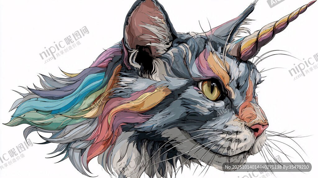 獨角獸風格的多彩貓咪頭像