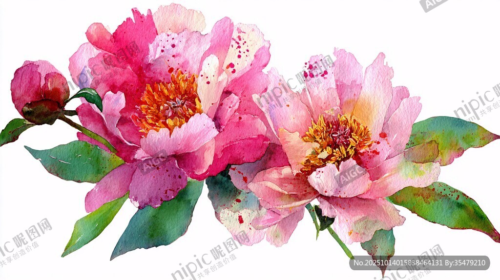 水彩粉色芍藥花朵插畫