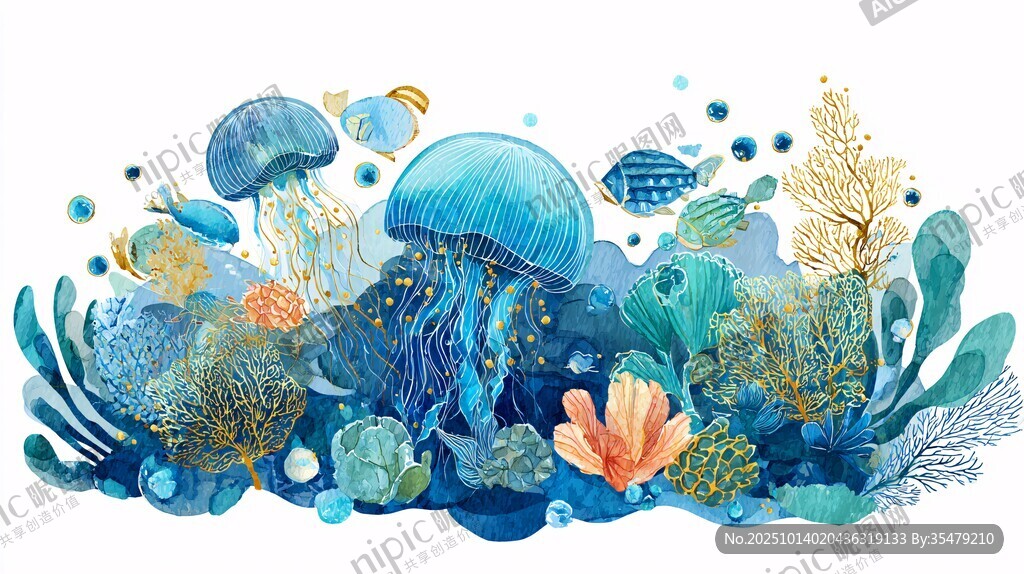 夢幻海底世界水彩插畫
