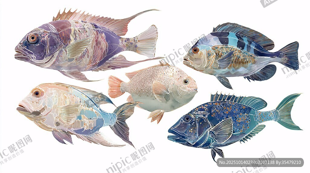 多彩水彩繪海洋魚類集合