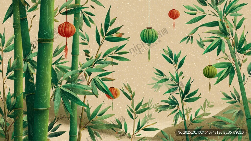 竹林掛燈籠中式美景