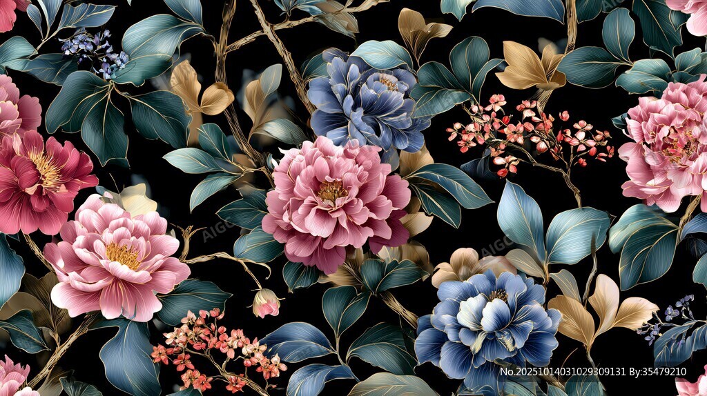 繁花錦葉黑色背景花卉圖