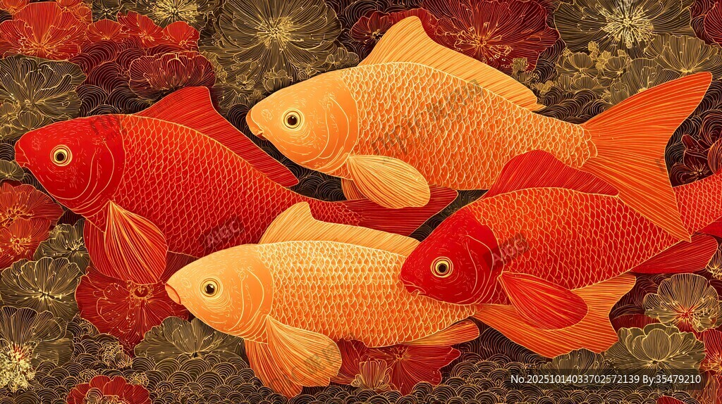 錦鯉魚(yú)群暢游繁花間