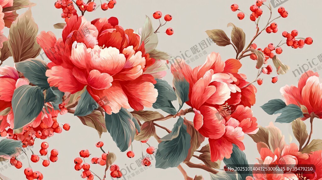 紅色牡丹花卉精美圖案