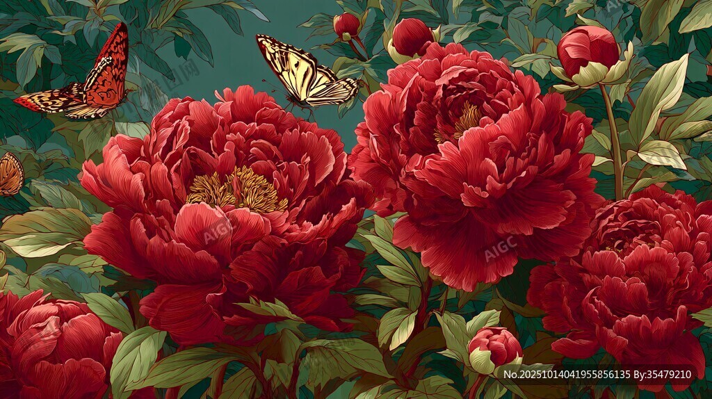 艷麗牡丹與蝶的美妙景致