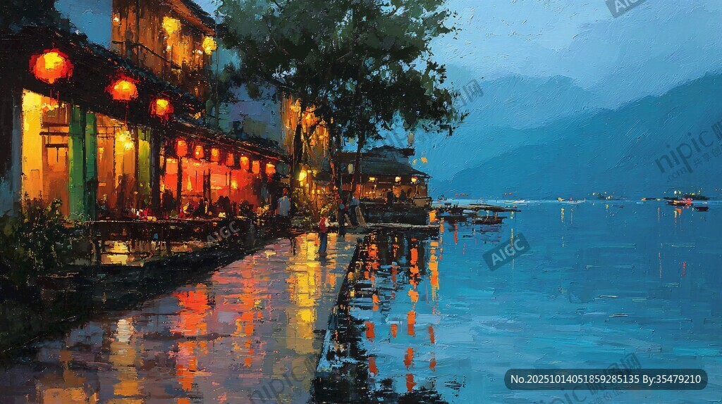 湖畔夜景 燈火映照寧靜水鄉(xiāng)