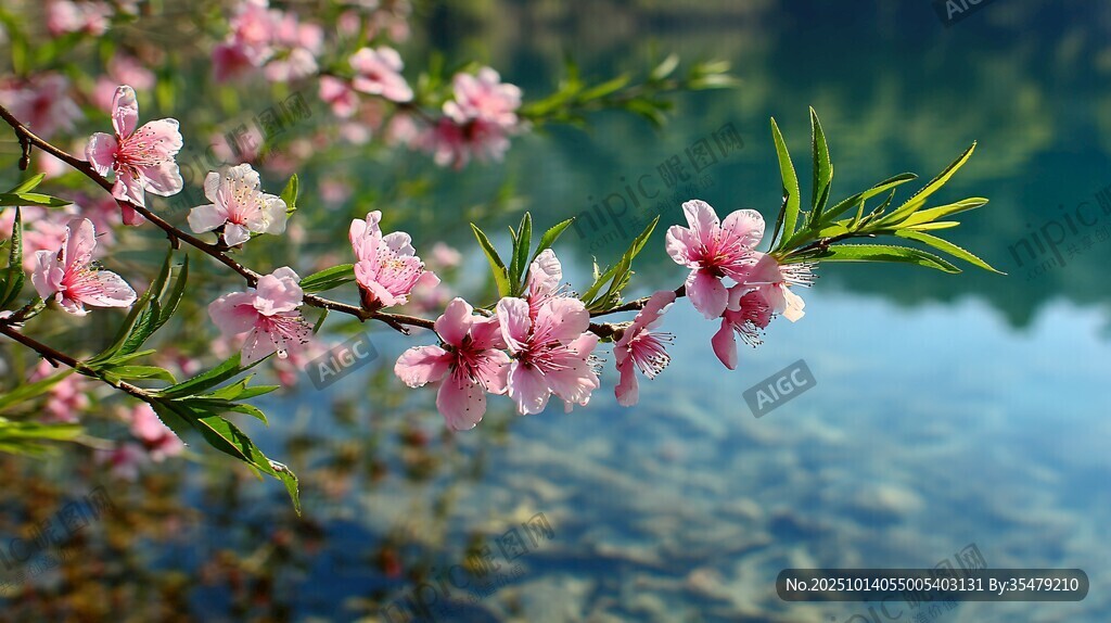 湖畔桃花綻放