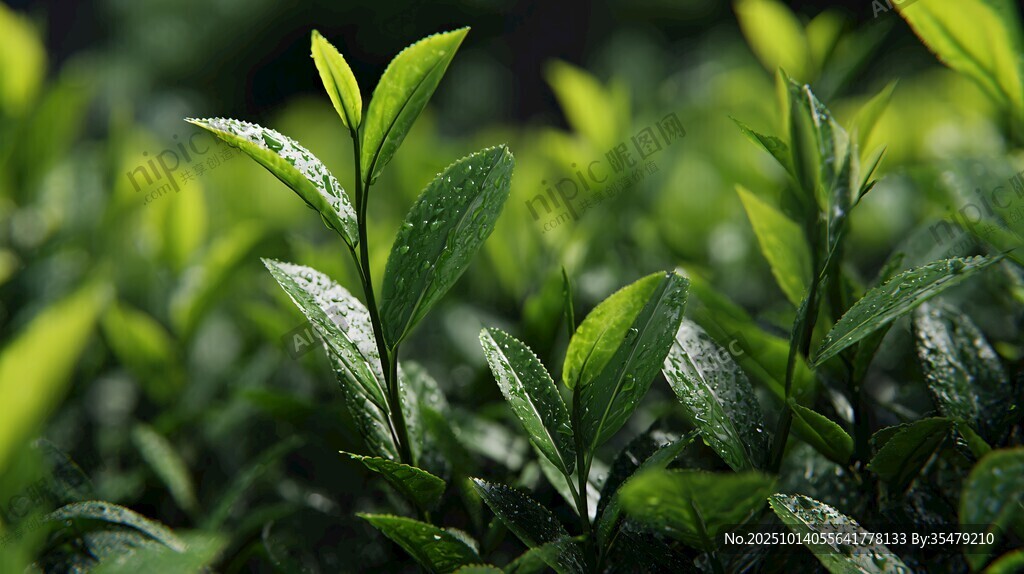清新嫩綠帶露茶葉植株