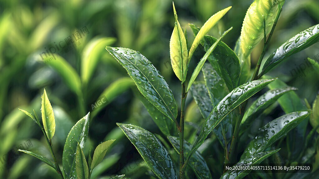 嫩綠茶芽帶露生機(jī)盎然