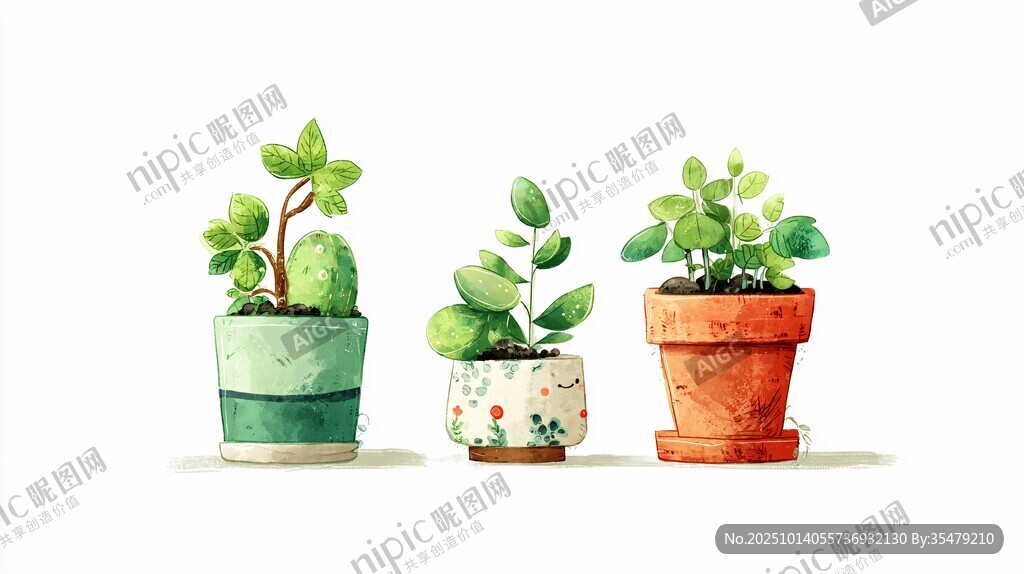三盆可愛盆栽插畫