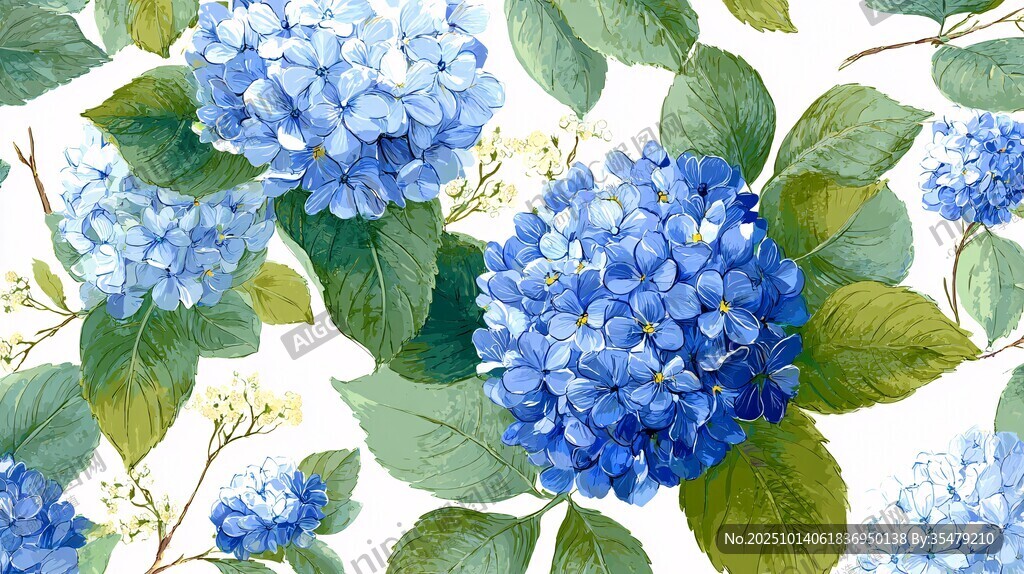 藍(lán)色繡球花水彩花卉圖案