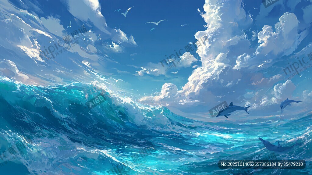 碧海藍(lán)天間的海豚逐浪