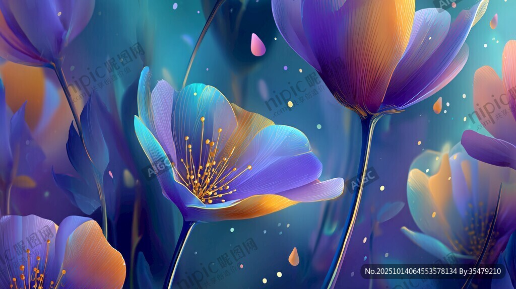 夢幻藍(lán)紫色花卉插畫