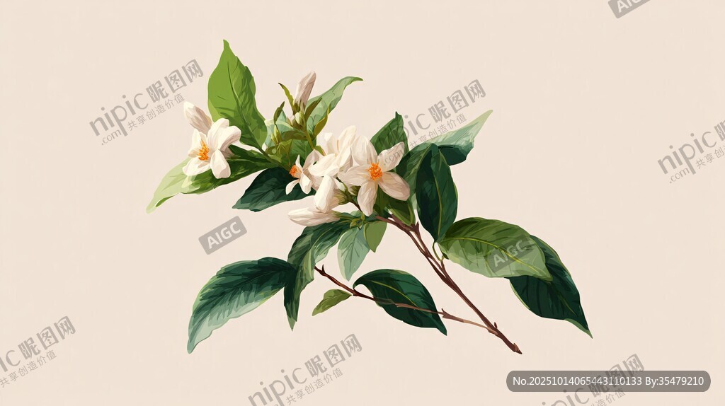 手繪清新茉莉花枝葉