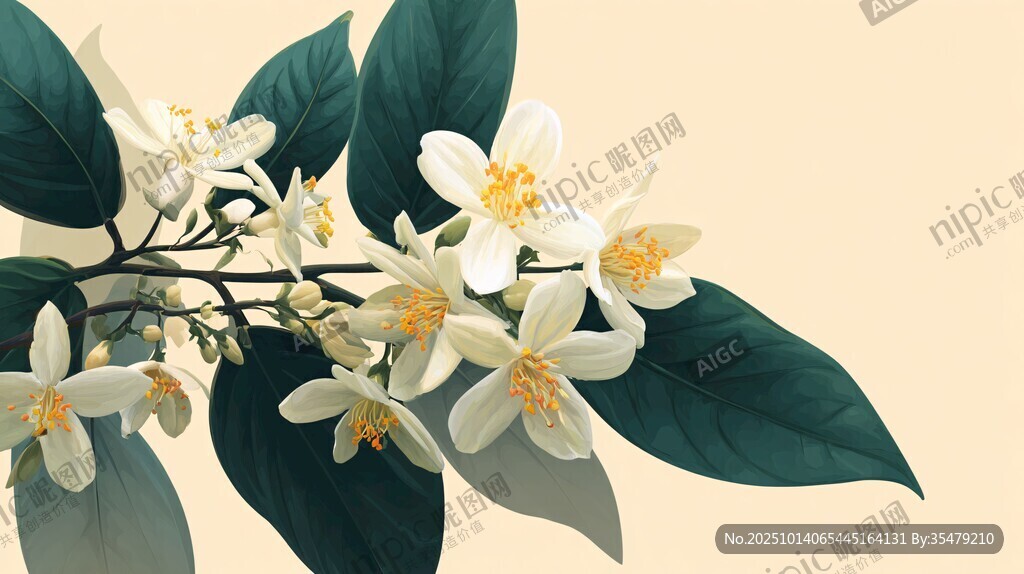 清新綻放的白色花朵與綠葉