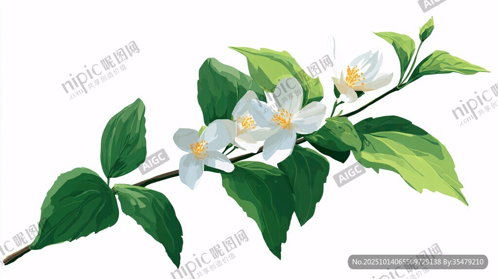手繪茉莉花枝插畫