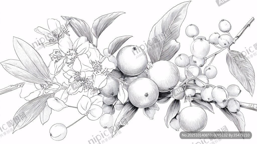 手繪水果花枝素描圖