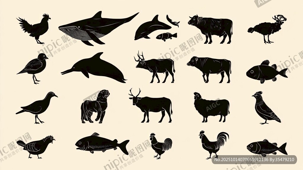 多樣動物剪影集合