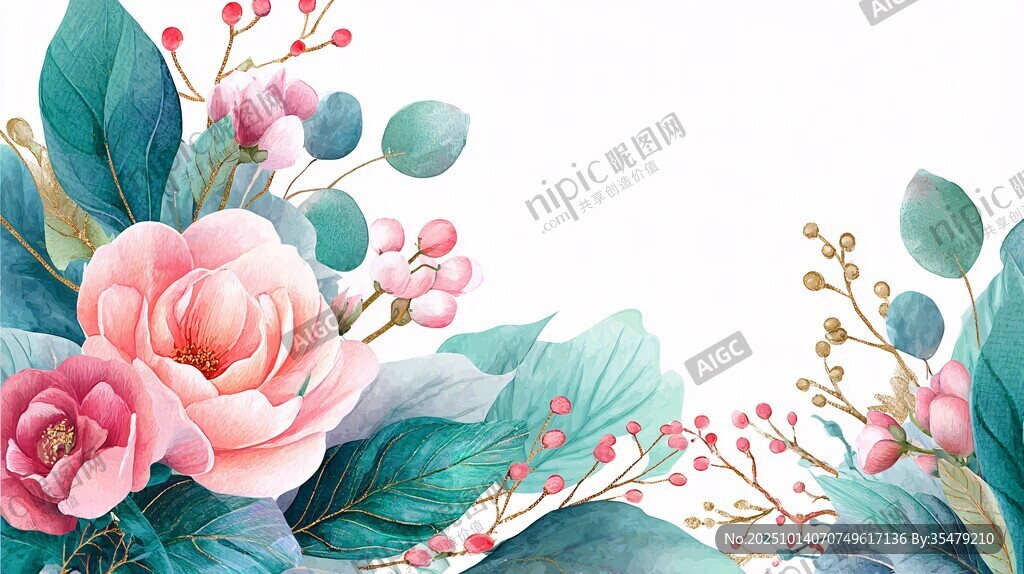 粉色花卉綠葉裝飾畫