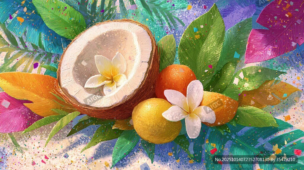 熱帶水果與花卉夢幻插畫