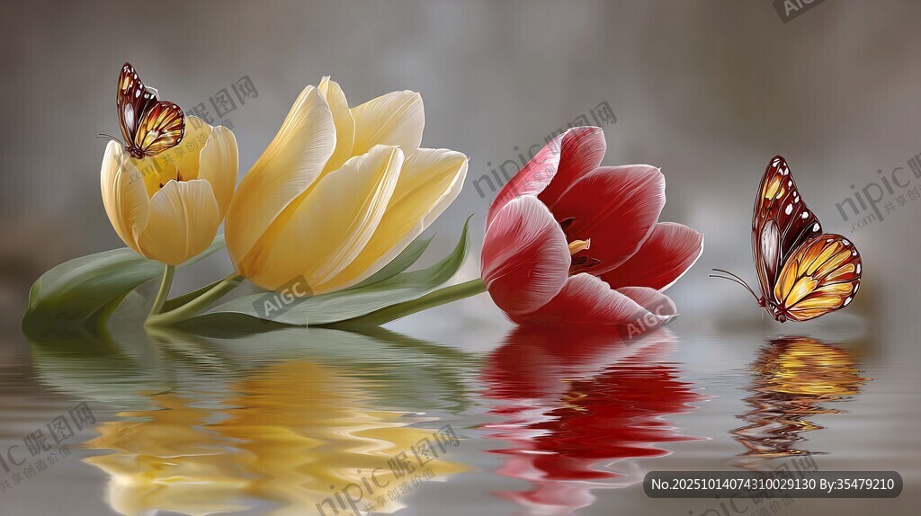 蝴蝶伴郁金香于水面之景