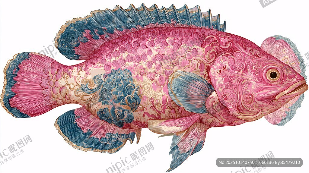 夢幻花紋粉色魚插畫