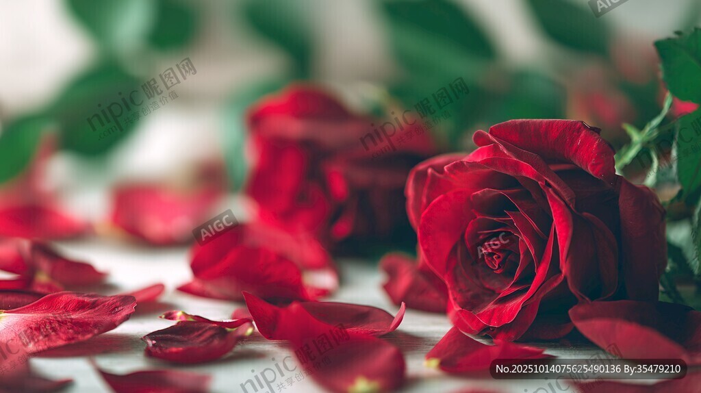 嬌艷紅玫瑰散落浪漫花瓣