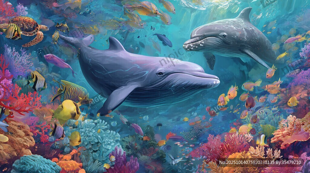 夢幻海底的海豚與繽紛魚群