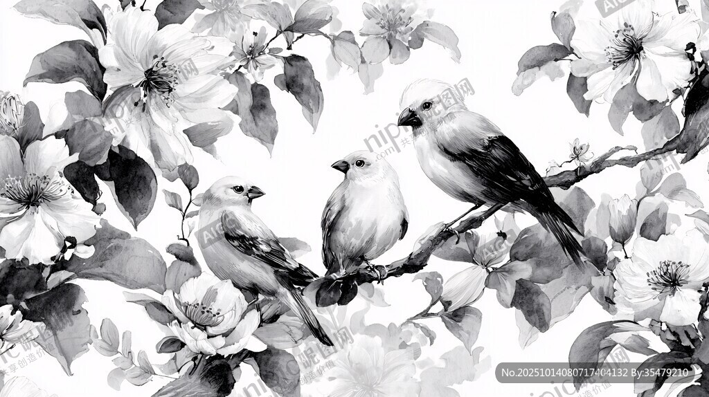 花鳥圖 三只鳥兒棲于花枝