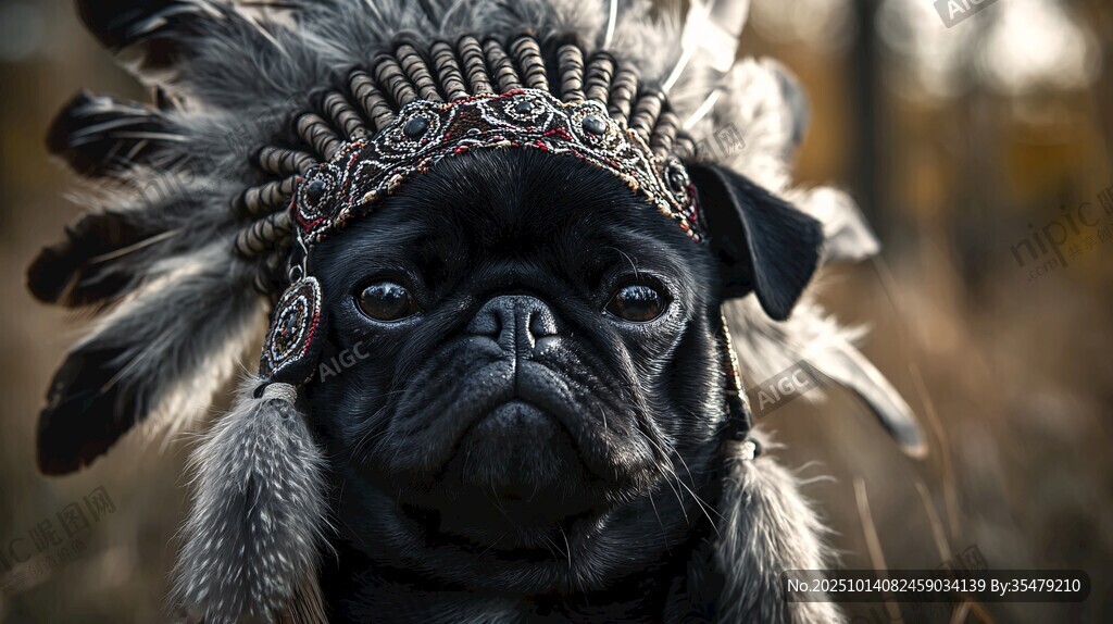 頭戴羽冠的酷萌巴哥犬